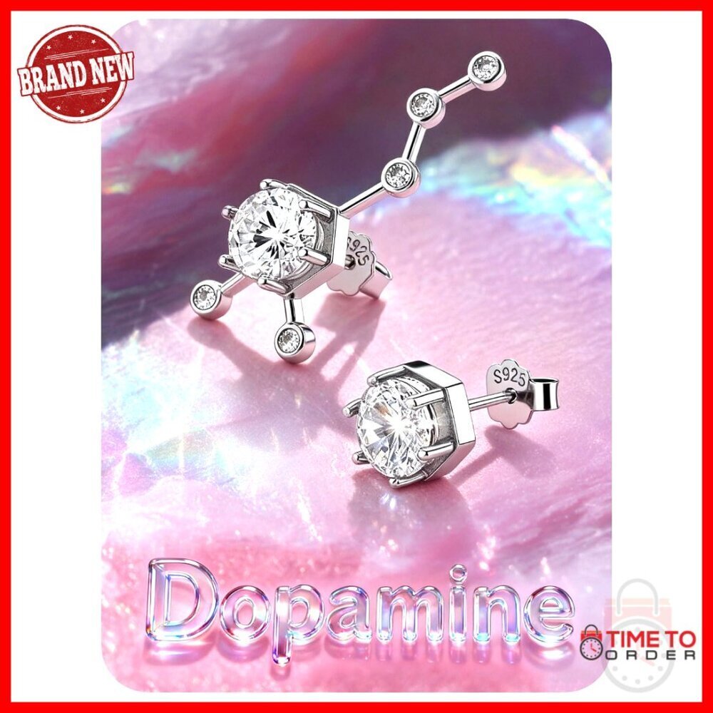 Sterling Silver Dopamine Molecule Asymmetrical Earrings Hypoallergenic CZ Studs